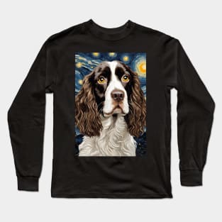 English Springer Spaniel Dog Breed Painting in a Van Gogh Starry Night Art Style Long Sleeve T-Shirt